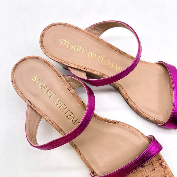 STUART WEITZMAN Aleena 50 Wedge Sandal Womens 8 Metallic Hot Pink Slide Cork - Picture 7 of 10